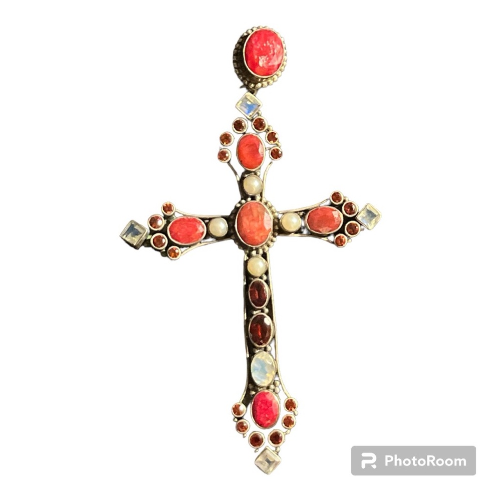 Nicky Butler Sterling Silver Ruby Pearl Garnet Moonstone Cross
Necklace Pendant